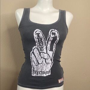 TRUE RELIGION brand grey ribbed cotton PEACE logo tank XS